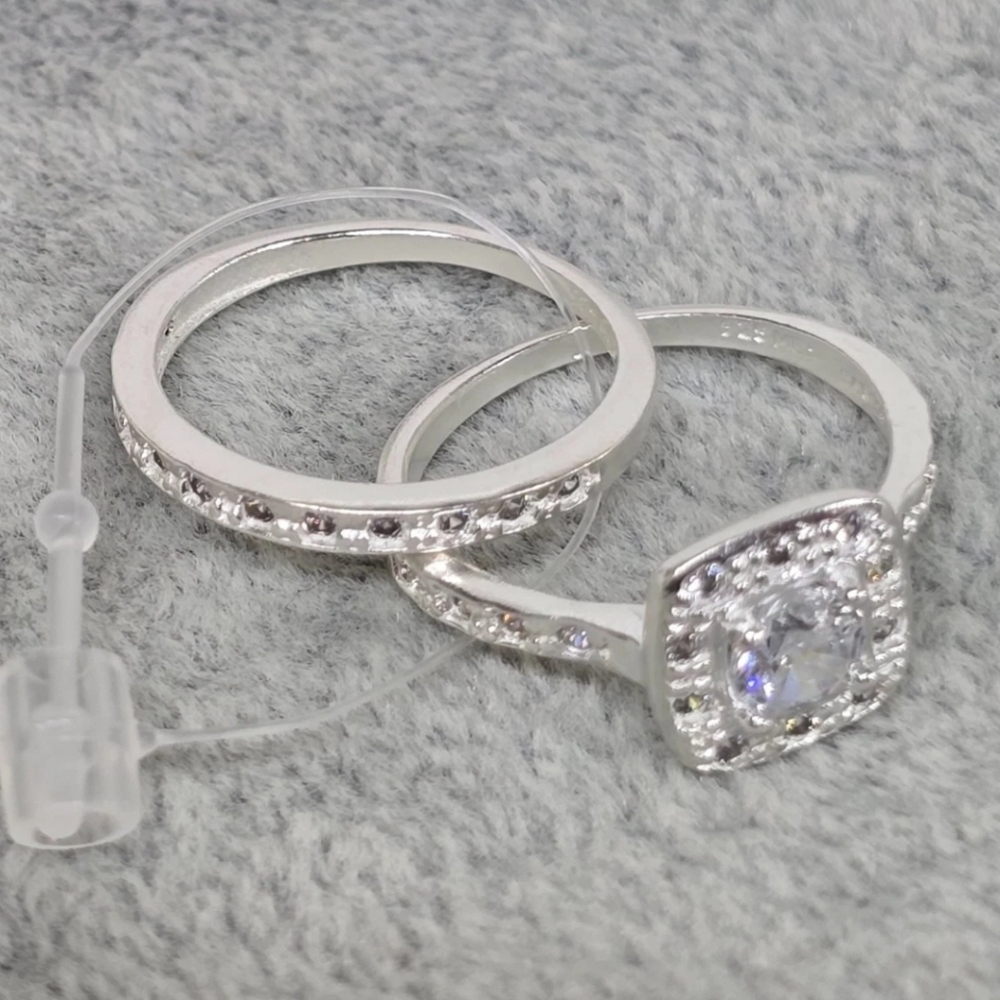 925 Sterling Silver Duo Wedding Band Ring Set 2Pc CZ Mexican